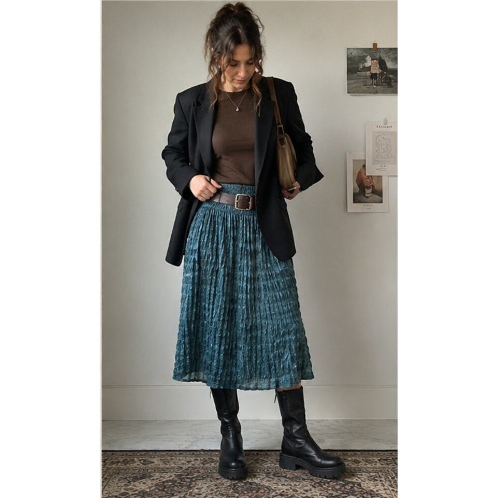 Chaiken Teal Crinkle Textured Midi Skirt USA Size 6 - Picture 3 of 11